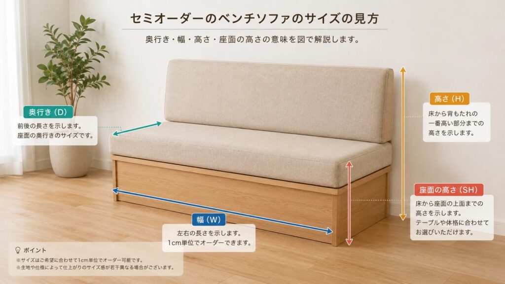 ベンチソファの幅・奥行き・高さ・座面の高さを示した図